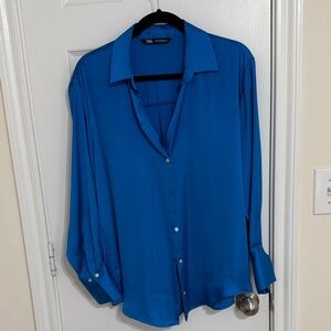 Zara Cobalt Blue Satin Button-Down Blouse